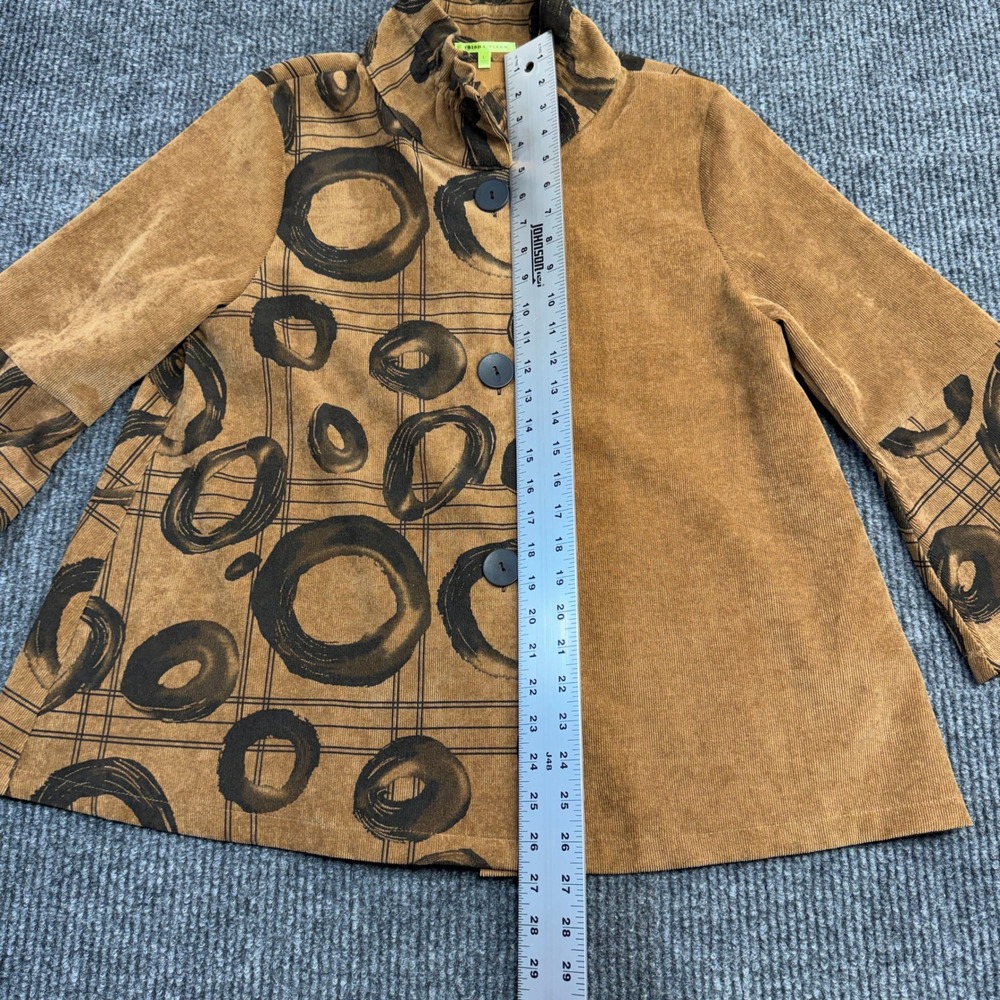 Trisha Tyler Women LARGE Corduroy Jacket Brown Abstract Circle Print Bell Sleeve - Picture 8 of 12